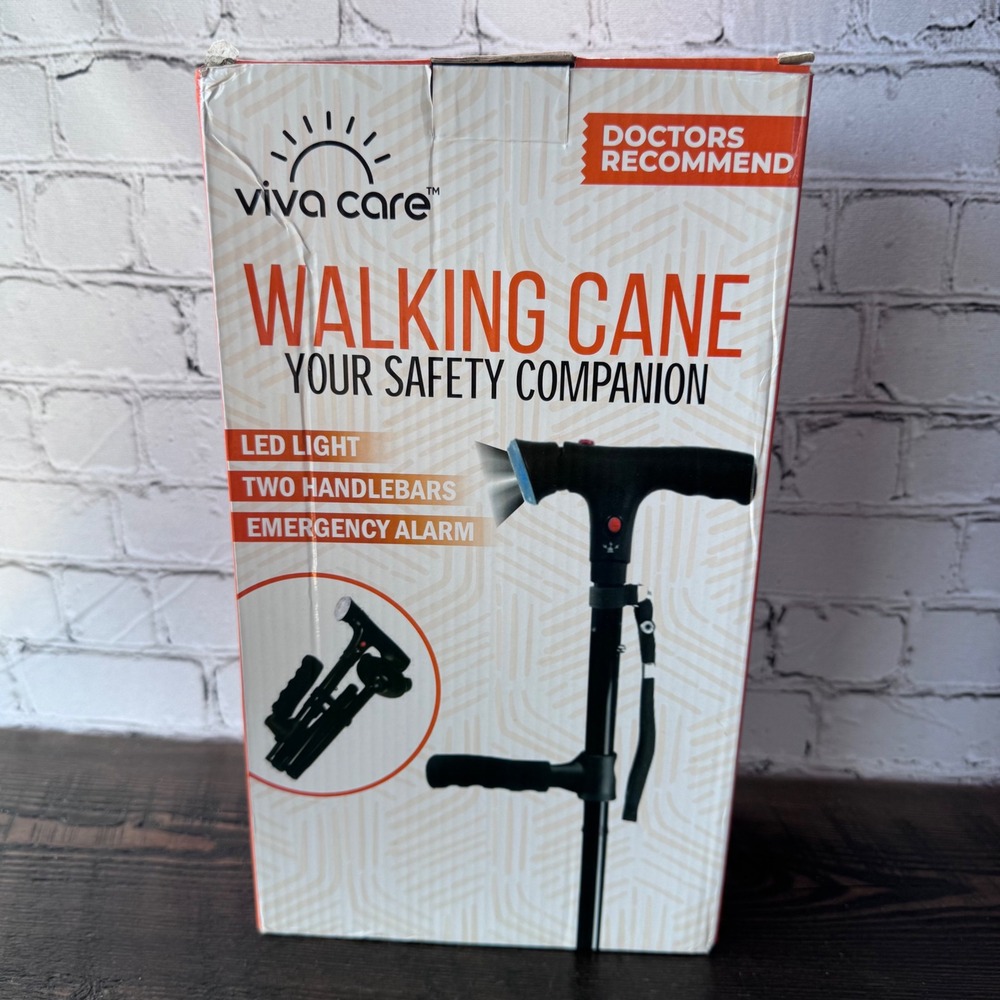Viva Care Large Walking Cane LED Light Alarm Two Handlebars Foldable Adjustable